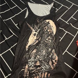 Black Graphic Tank Top with Skull and Unicorn Design